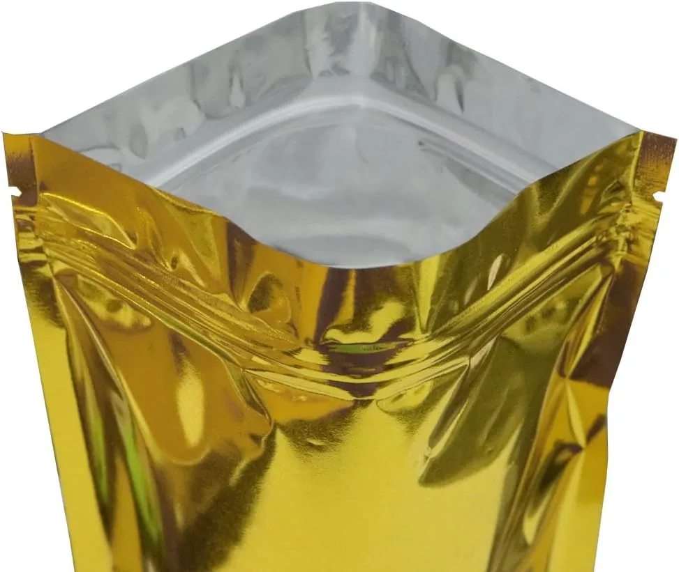 100 Double-Sided Matte Glossy Colored Flat Foil QuickQlick™ Zip Seal Sample Food Safe Packaging Powdered Storage Bags (3.5oz, Glossy Gold)
