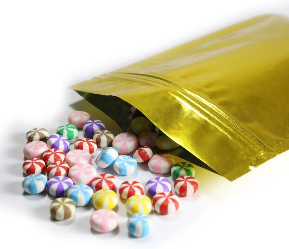 100 Double-Sided Matte Glossy Colored Flat Foil QuickQlick™ Zip Seal Sample Food Safe Packaging Powdered Storage Bags (3.5oz, Glossy Gold)