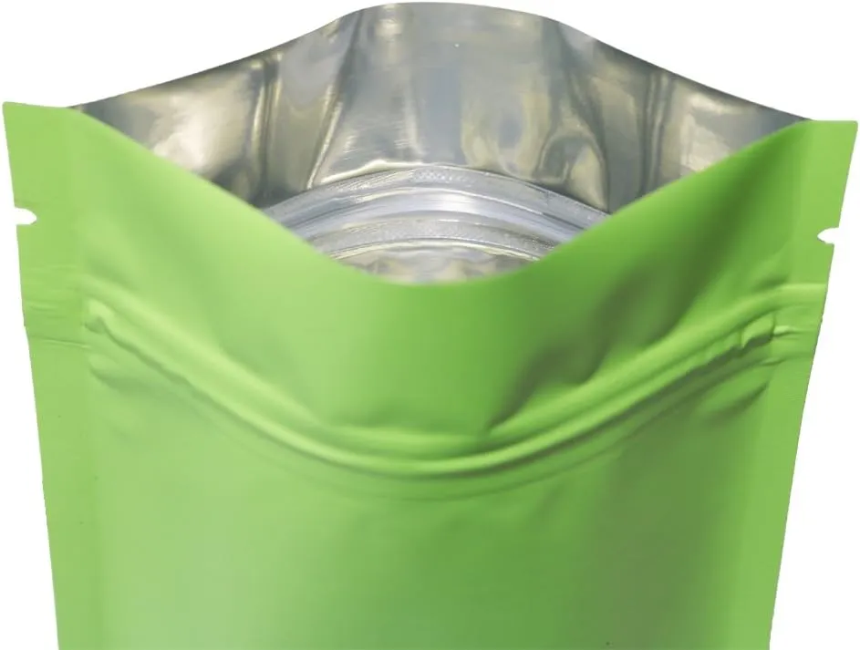 100 Double-Sided Matte Green Flat Mylar Ziplock Sample Food Safe Packaging Powdered Storage Bags (3oz, Matte Green)