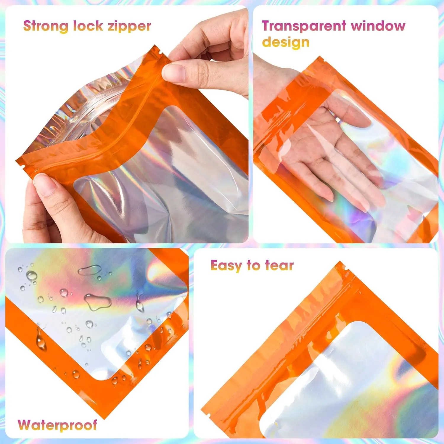 120PCS Smell Proof Mylar Bags,6.3"x9.5" Resealable Bag for Small Business,Holographic Packaging Bags with Clear Window,Foil Pouch Sample Snack Candy Jewelry Bag for Party Favors(Orange)