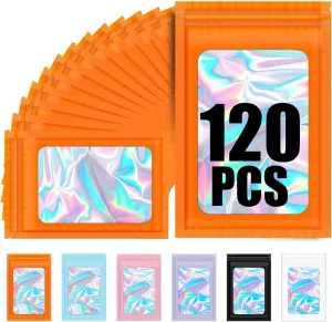 120PCS Smell Proof Mylar Bags,6.3"x9.5" Resealable Bag for Small Business,Holographic Packaging Bags with Clear Window,Foil Pouch Sample Snack Candy Jewelry Bag for Party Favors(Orange)