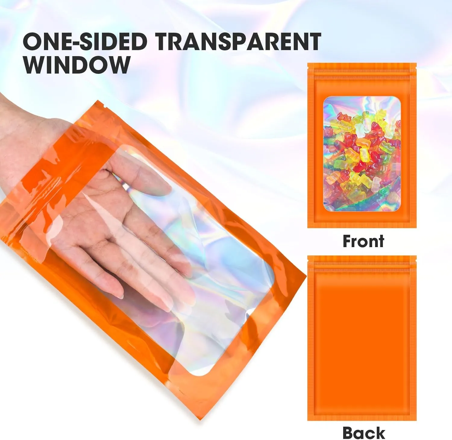 120PCS Smell Proof Mylar Bags,6.3"x9.5" Resealable Bag for Small Business,Holographic Packaging Bags with Clear Window,Foil Pouch Sample Snack Candy Jewelry Bag for Party Favors(Orange)