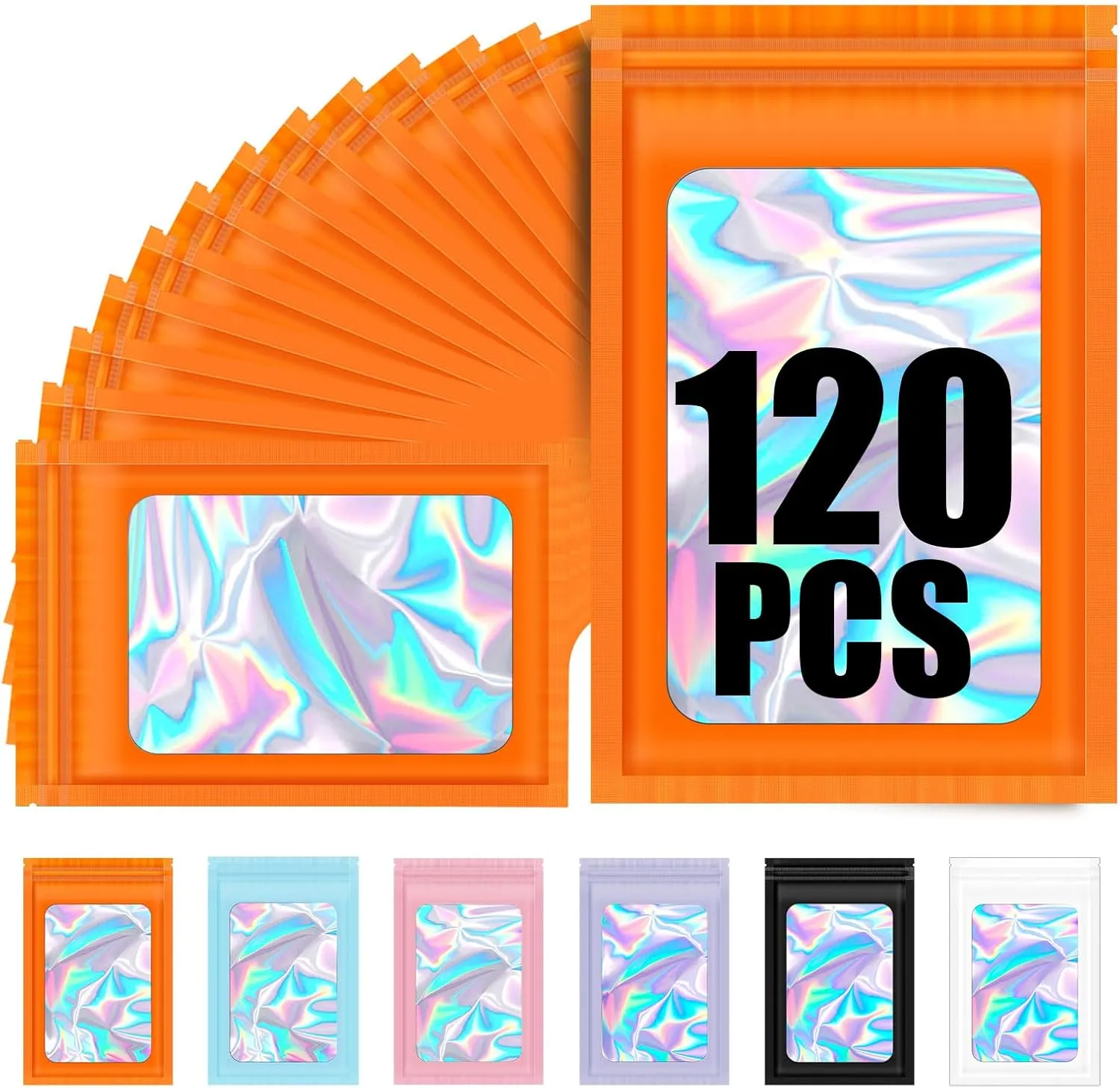 120PCS Smell Proof Mylar Bags,6.3"x9.5" Resealable Bag for Small Business,Holographic Packaging Bags with Clear Window,Foil Pouch Sample Snack Candy Jewelry Bag for Party Favors(Orange)
