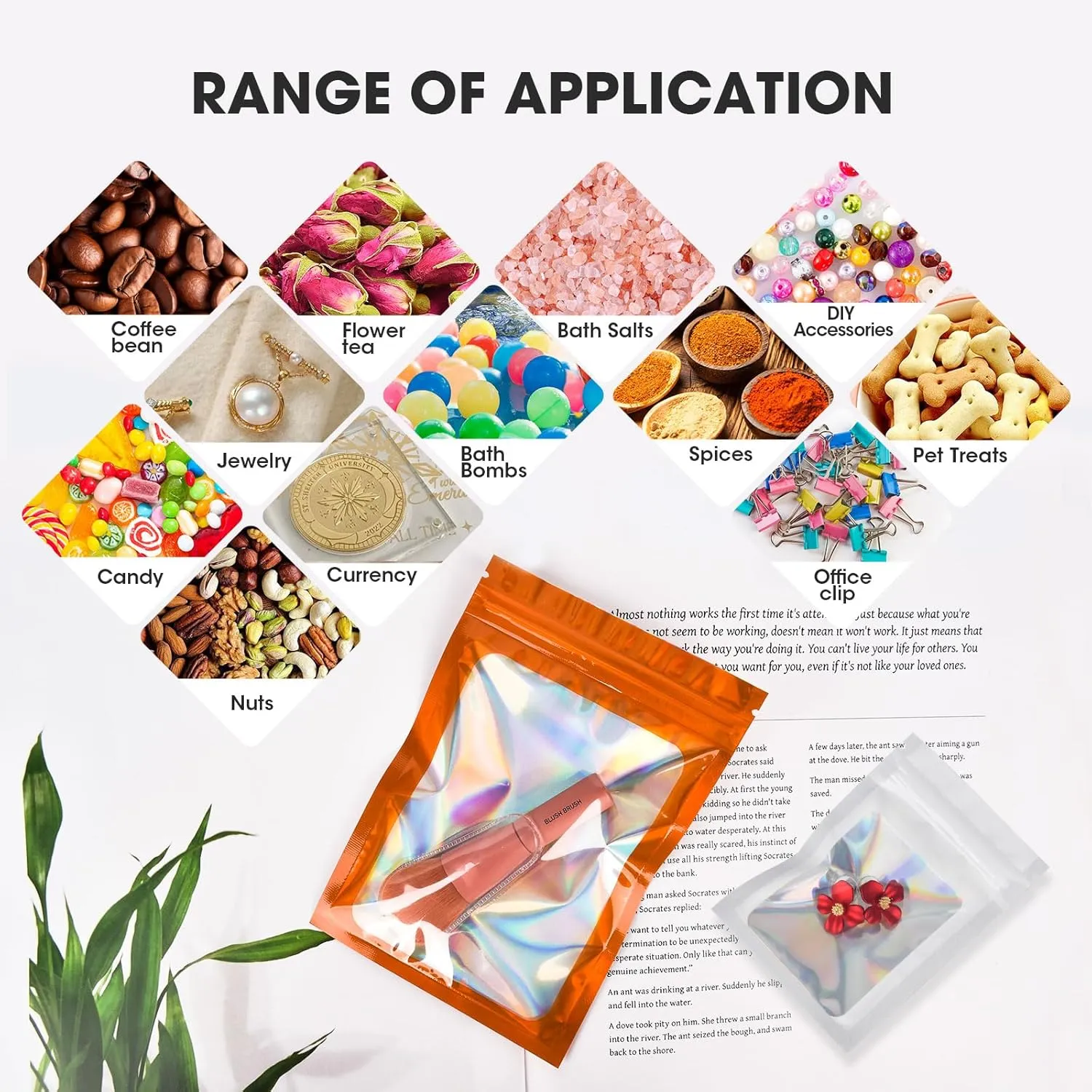 120PCS Smell Proof Mylar Bags,6.3"x9.5" Resealable Bag for Small Business,Holographic Packaging Bags with Clear Window,Foil Pouch Sample Snack Candy Jewelry Bag for Party Favors(Orange)