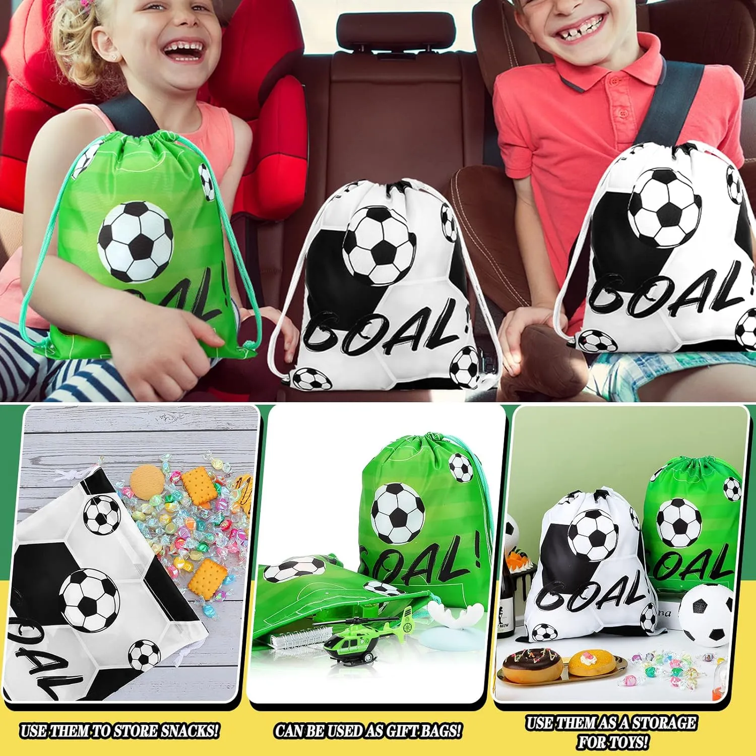 16 Pack Drawstring Bags for Party Favors 12 x 10 Inch Treat Candy Goodie Gifts Bags Team Supplies Sport Birthday Party Favors(Soccer,Green, Black)