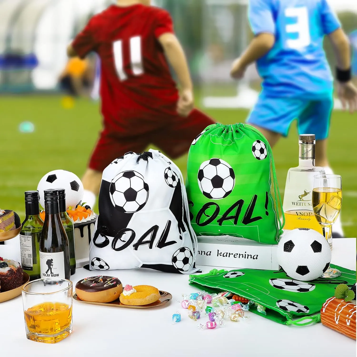 16 Pack Drawstring Bags for Party Favors 12 x 10 Inch Treat Candy Goodie Gifts Bags Team Supplies Sport Birthday Party Favors(Soccer,Green, Black)