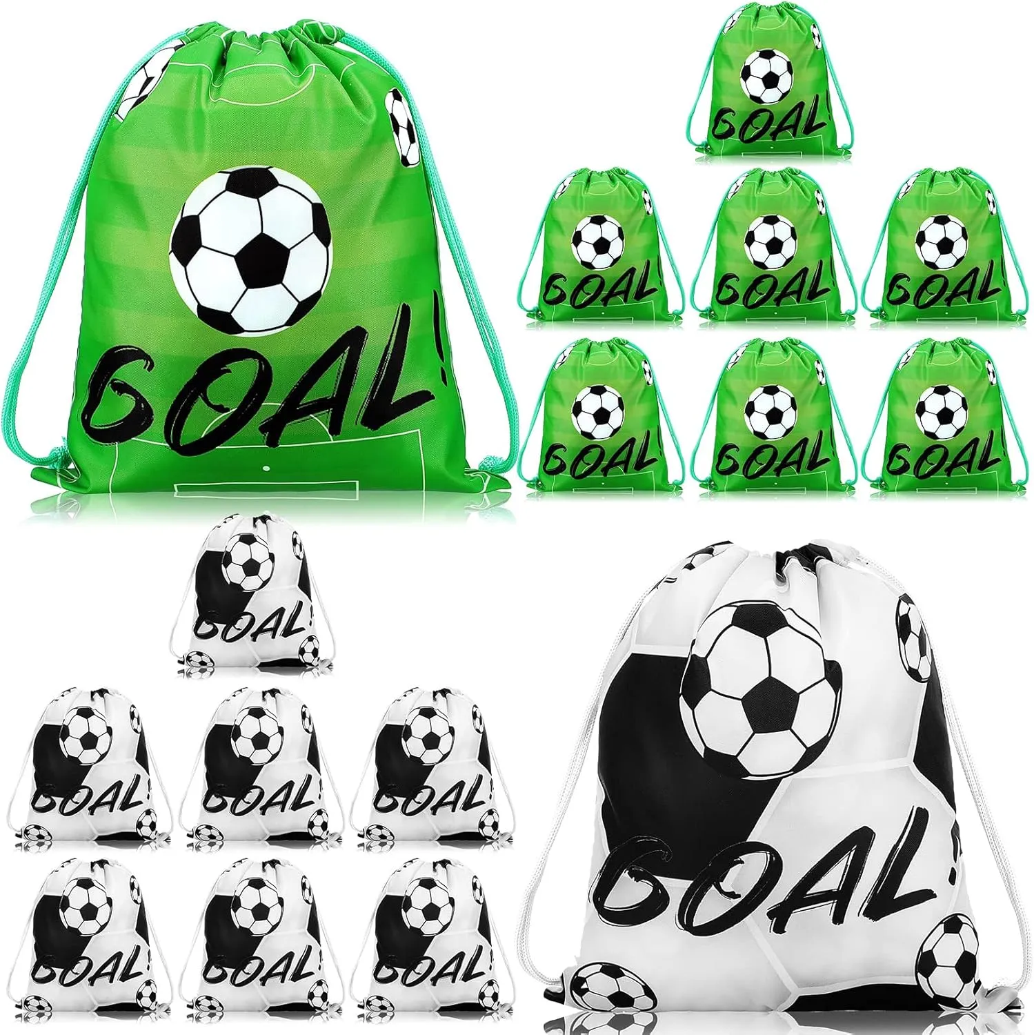 16 Pack Drawstring Bags for Party Favors 12 x 10 Inch Treat Candy Goodie Gifts Bags Team Supplies Sport Birthday Party Favors(Soccer,Green, Black)
