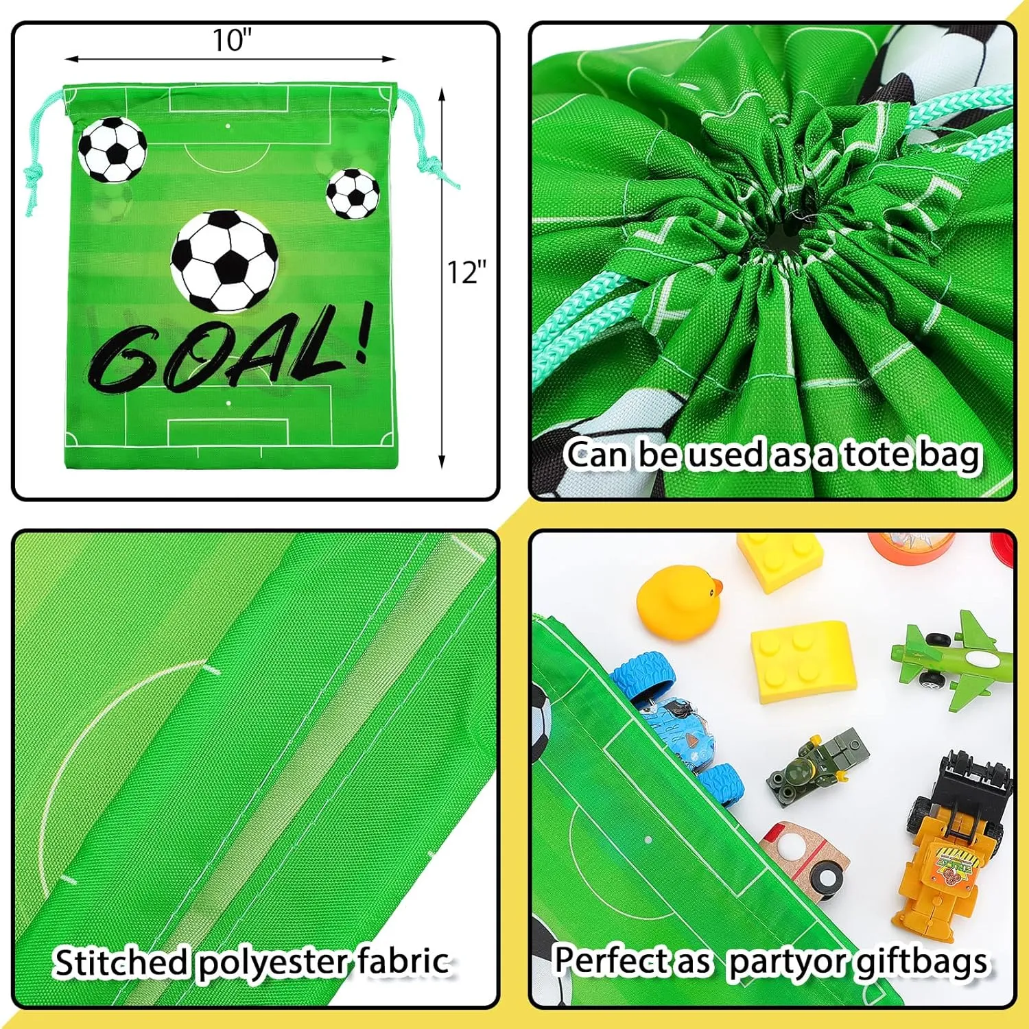 16 Pack Drawstring Bags for Party Favors 12 x 10 Inch Treat Candy Goodie Gifts Bags Team Supplies Sport Birthday Party Favors(Soccer,Green, Black)
