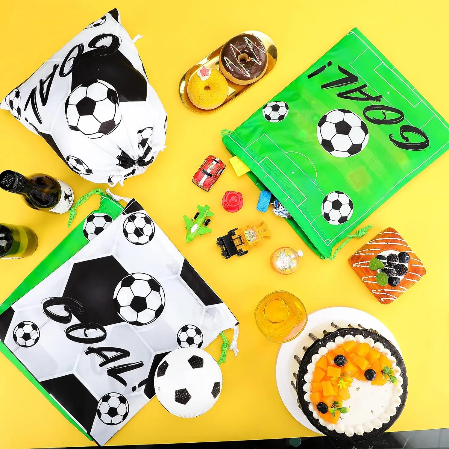 16 Pack Drawstring Bags for Party Favors 12 x 10 Inch Treat Candy Goodie Gifts Bags Team Supplies Sport Birthday Party Favors(Soccer,Green, Black)
