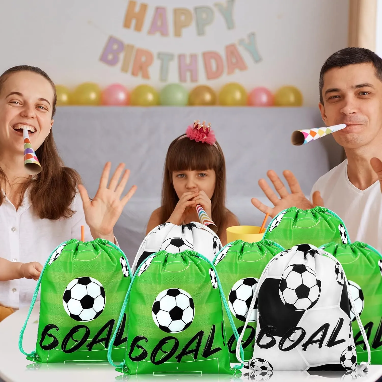 16 Pack Drawstring Bags for Party Favors 12 x 10 Inch Treat Candy Goodie Gifts Bags Team Supplies Sport Birthday Party Favors(Soccer,Green, Black)