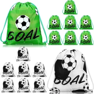 16 Pack Drawstring Bags for Party Favors 12 x 10 Inch Treat Candy Goodie Gifts Bags Team Supplies Sport Birthday Party Favors(Soccer,Green, Black)