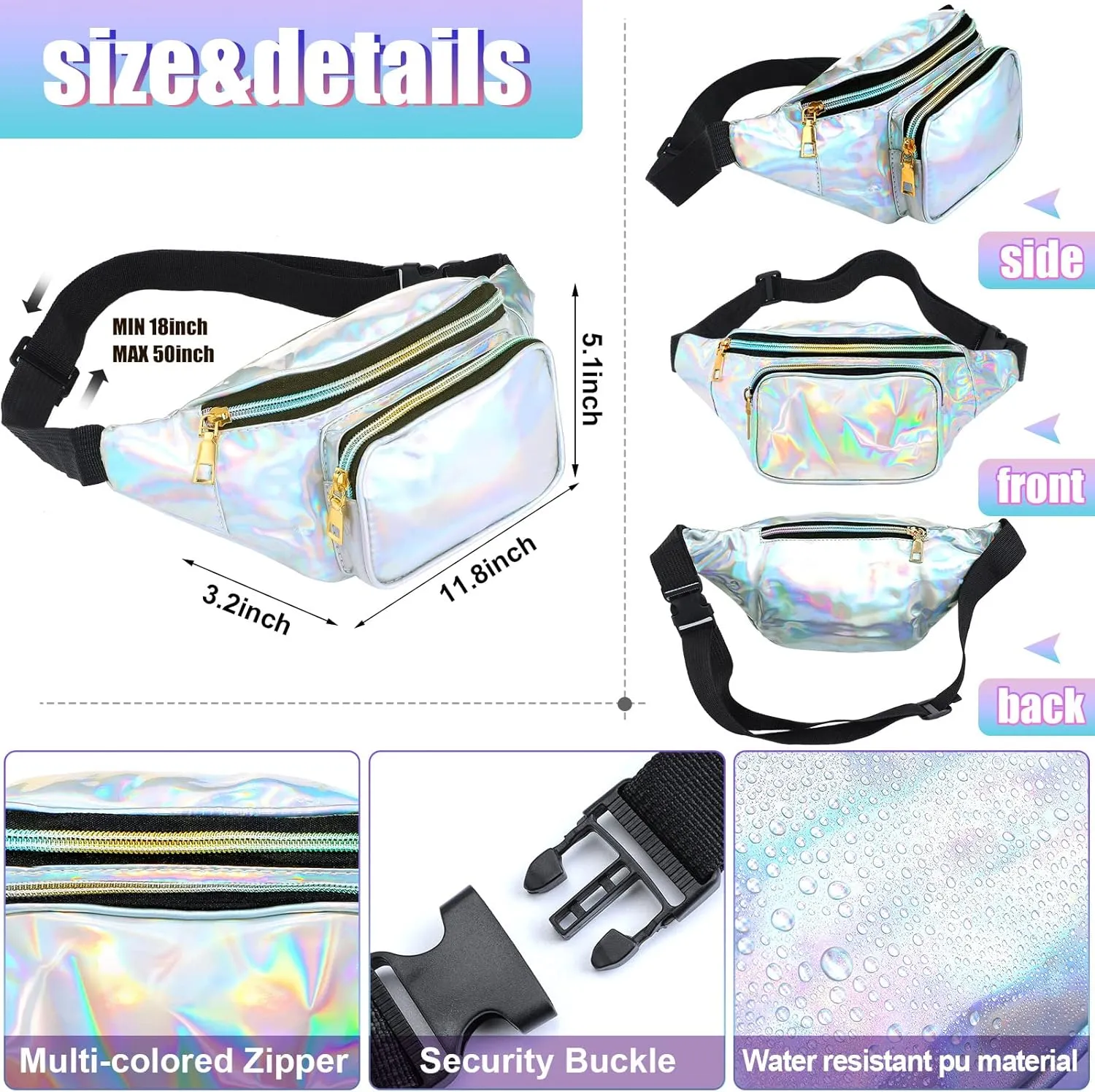 2 Pieces Holographic Fanny Pack Neon 80s Party Belt Bags Festival Neon Shiny Beach Bag with Adjustable Belt for Women Men(White, Black)