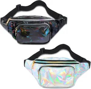 2 Pieces Holographic Fanny Pack Neon 80s Party Belt Bags Festival Neon Shiny Beach Bag with Adjustable Belt for Women Men(White, Black)