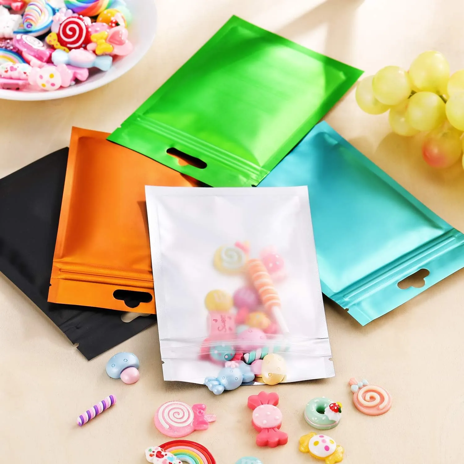 200 Pieces Film Resealable Bags Polyester Odor Proof Bags Aluminum Foil Food Storage Metallic Flat Zipper Sealable Pouch for Small Business Packaging Weed Candy Sample(9 x 15 cm,Multicolor)