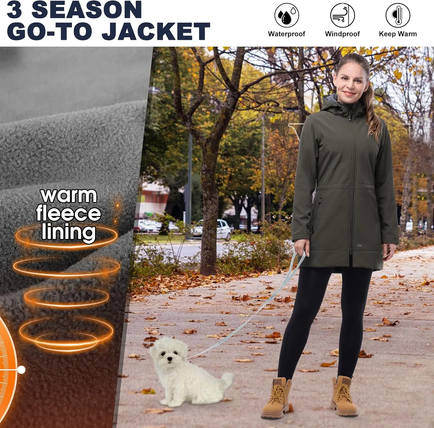 33,000ft Women's Waterproof Softshell Long Rain Jacket with Hood Fleece Lined Windproof Windbreaker