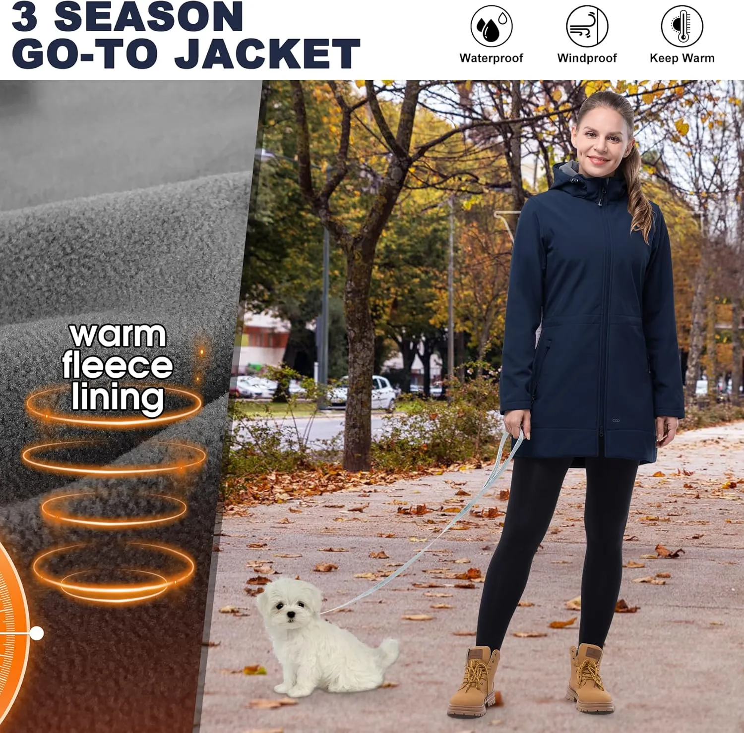 33,000ft Women's Waterproof Softshell Long Rain Jacket with Hood Fleece Lined Windproof Windbreaker