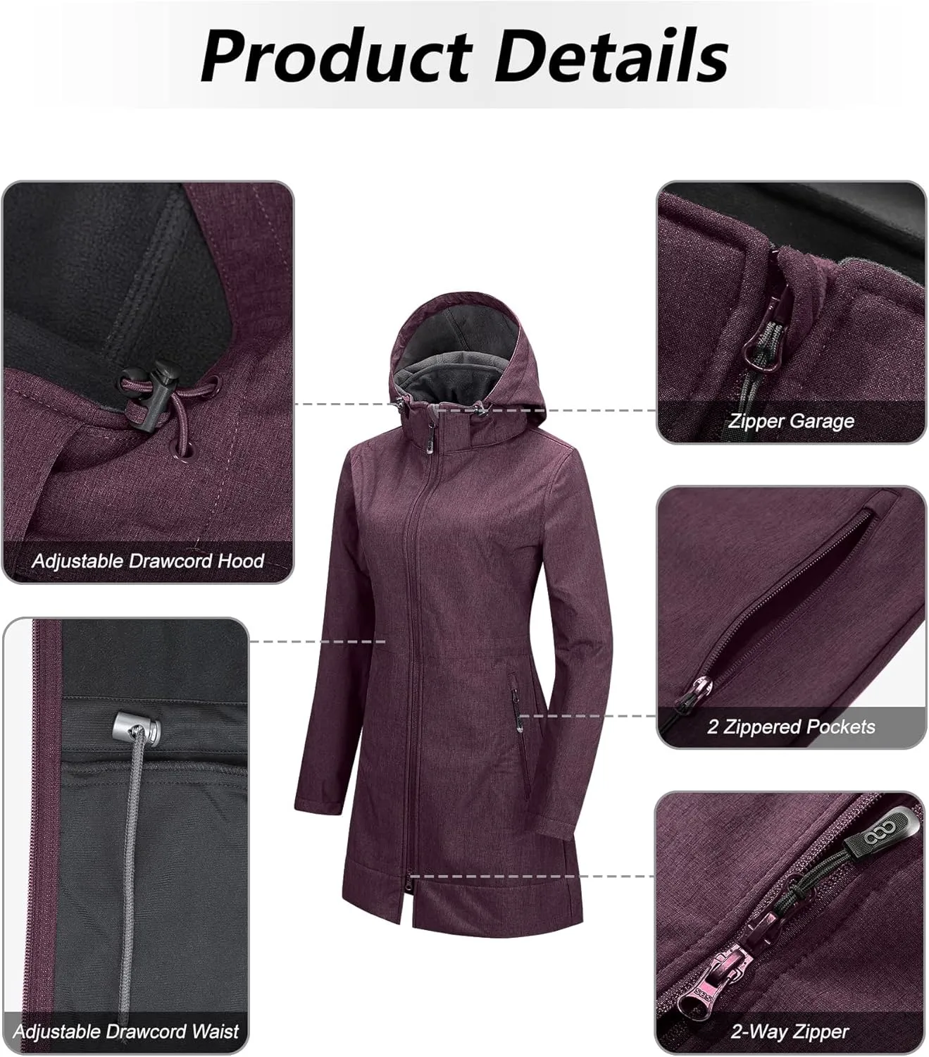 33,000ft Women's Waterproof Softshell Long Rain Jacket with Hood Fleece Lined Windproof Windbreaker