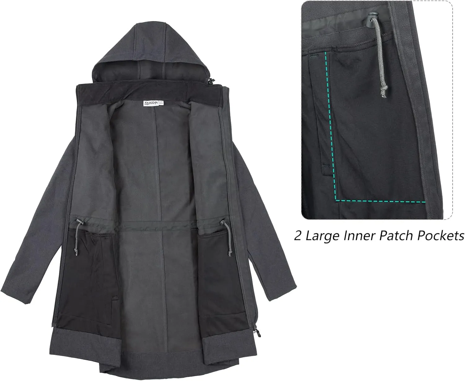 33,000ft Women's Waterproof Softshell Long Rain Jacket with Hood Fleece Lined Windproof Windbreaker
