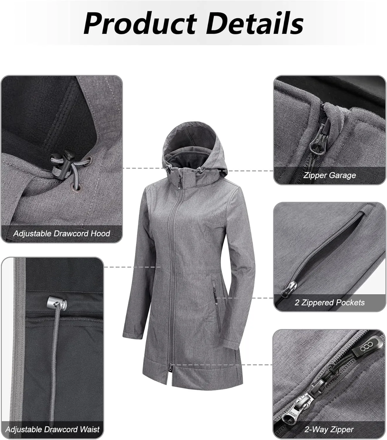 33,000ft Women's Waterproof Softshell Long Rain Jacket with Hood Fleece Lined Windproof Windbreaker