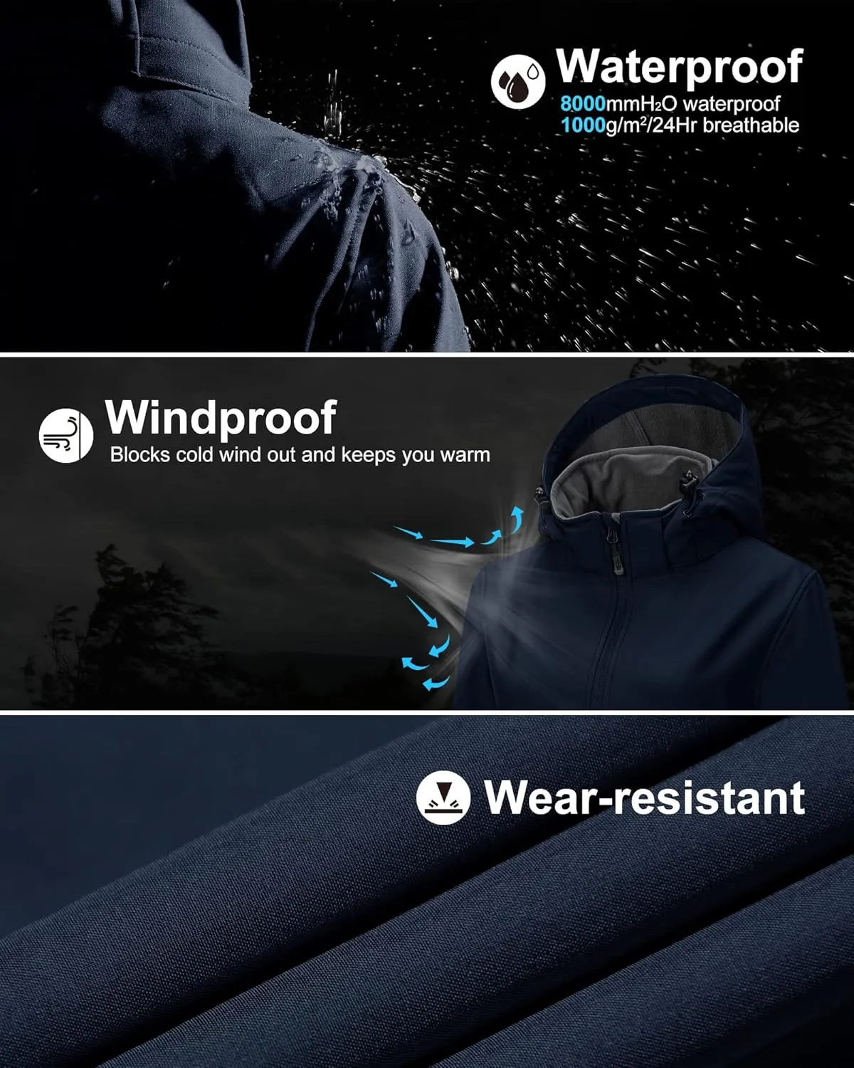 33,000ft Women's Waterproof Softshell Long Rain Jacket with Hood Fleece Lined Windproof Windbreaker