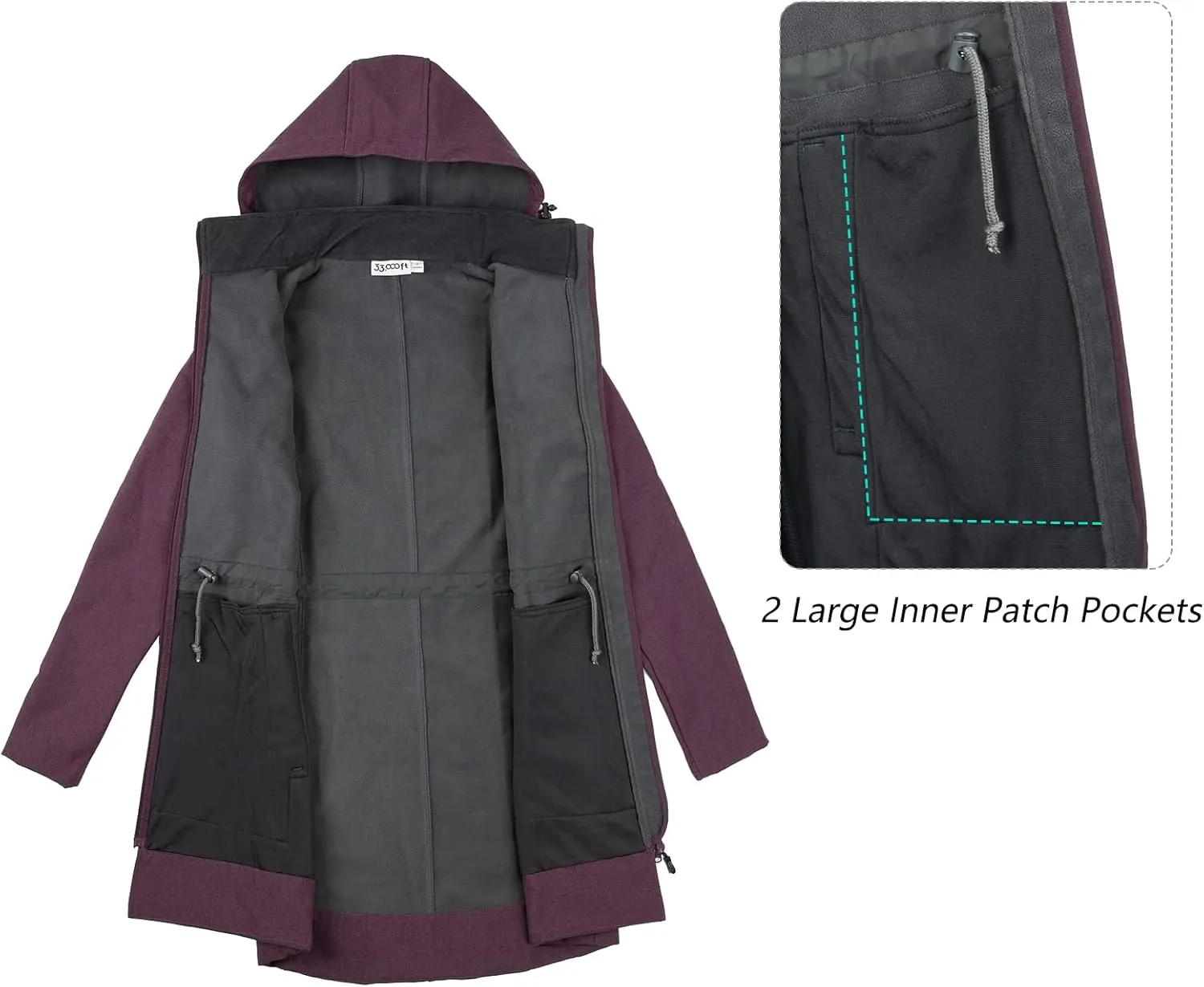 33,000ft Women's Waterproof Softshell Long Rain Jacket with Hood Fleece Lined Windproof Windbreaker