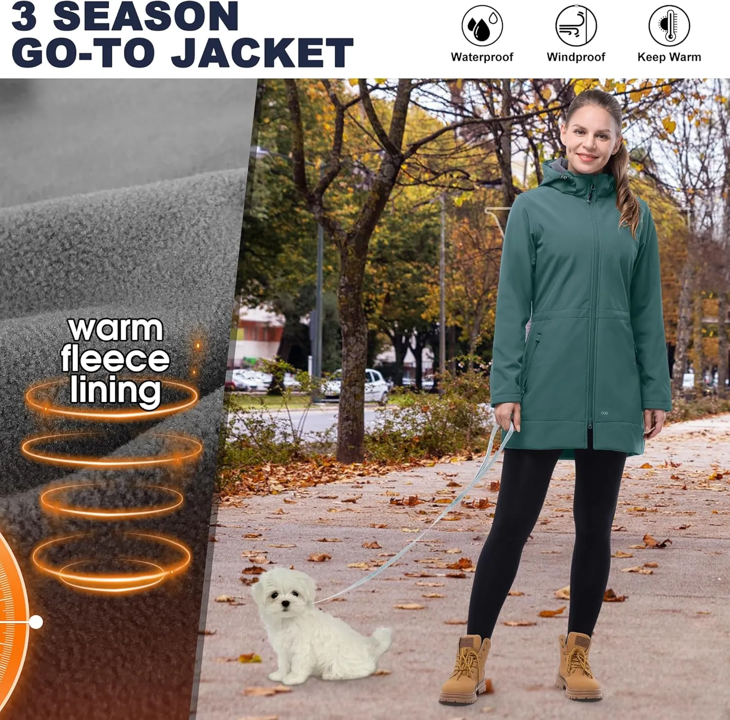 33,000ft Women's Waterproof Softshell Long Rain Jacket with Hood Fleece Lined Windproof Windbreaker