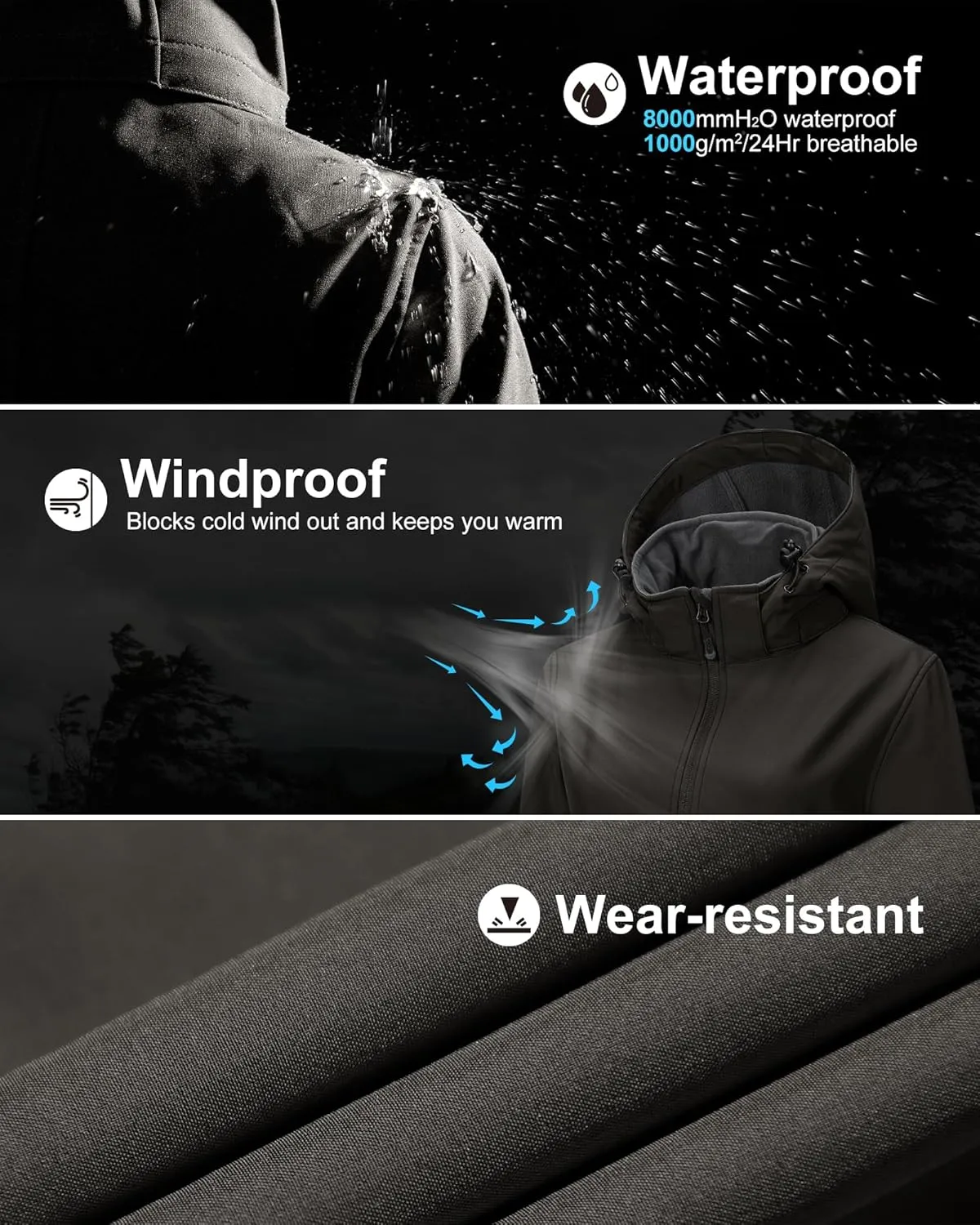 33,000ft Women's Waterproof Softshell Long Rain Jacket with Hood Fleece Lined Windproof Windbreaker