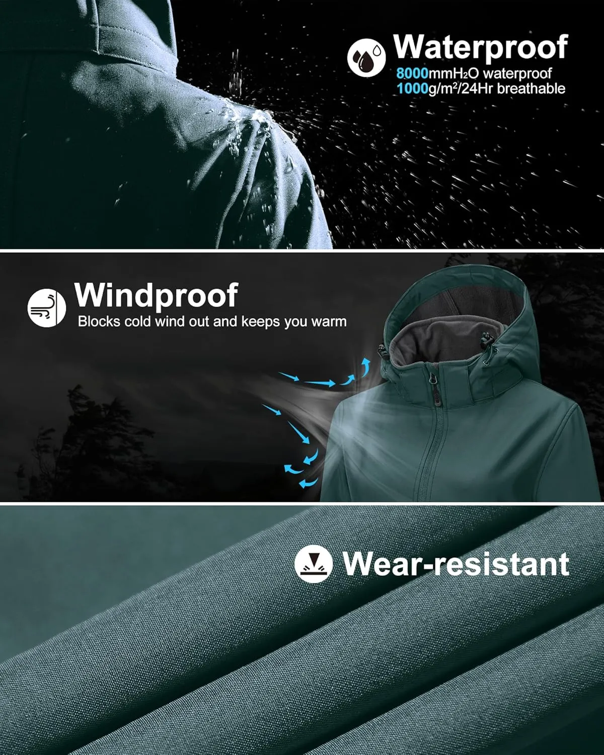 33,000ft Women's Waterproof Softshell Long Rain Jacket with Hood Fleece Lined Windproof Windbreaker