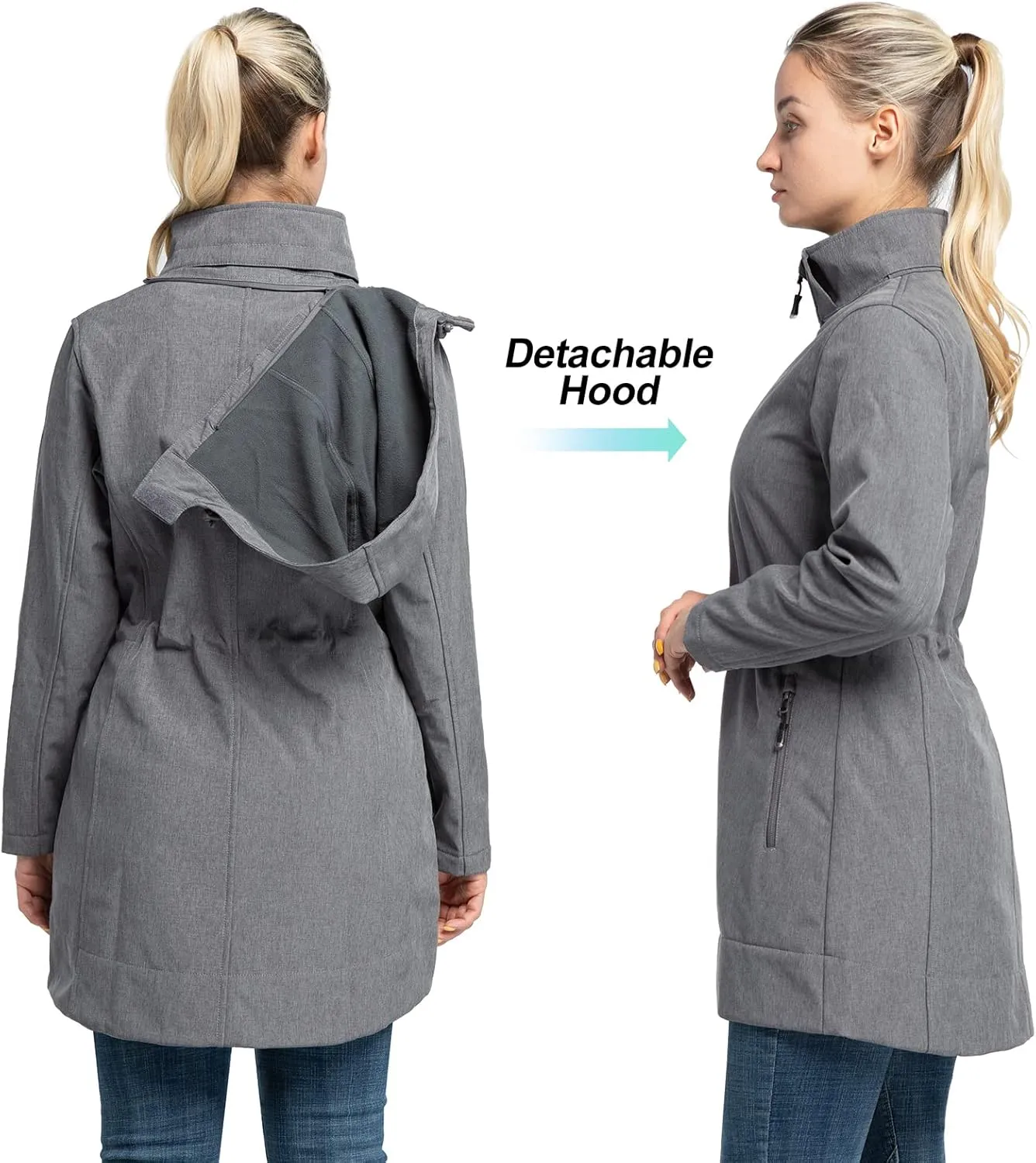 33,000ft Women's Waterproof Softshell Long Rain Jacket with Hood Fleece Lined Windproof Windbreaker