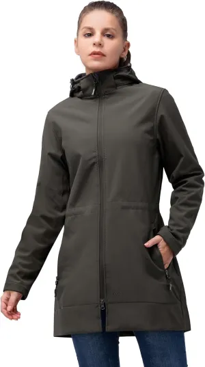 33,000ft Women's Waterproof Softshell Long Rain Jacket with Hood Fleece Lined Windproof Windbreaker