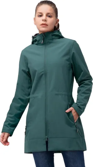 33,000ft Women's Waterproof Softshell Long Rain Jacket with Hood Fleece Lined Windproof Windbreaker