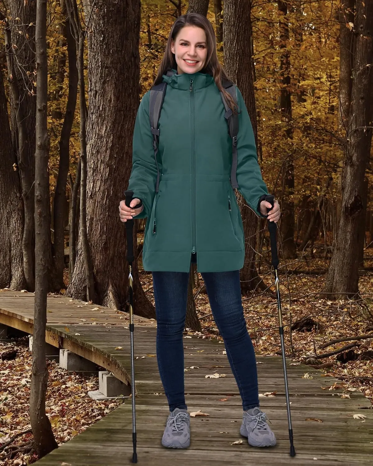 33,000ft Women's Waterproof Softshell Long Rain Jacket with Hood Fleece Lined Windproof Windbreaker