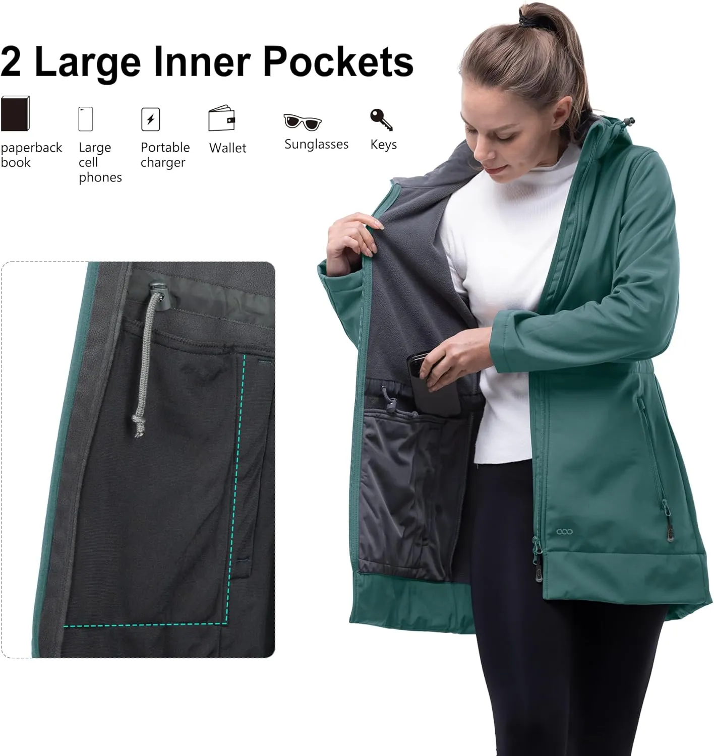 33,000ft Women's Waterproof Softshell Long Rain Jacket with Hood Fleece Lined Windproof Windbreaker
