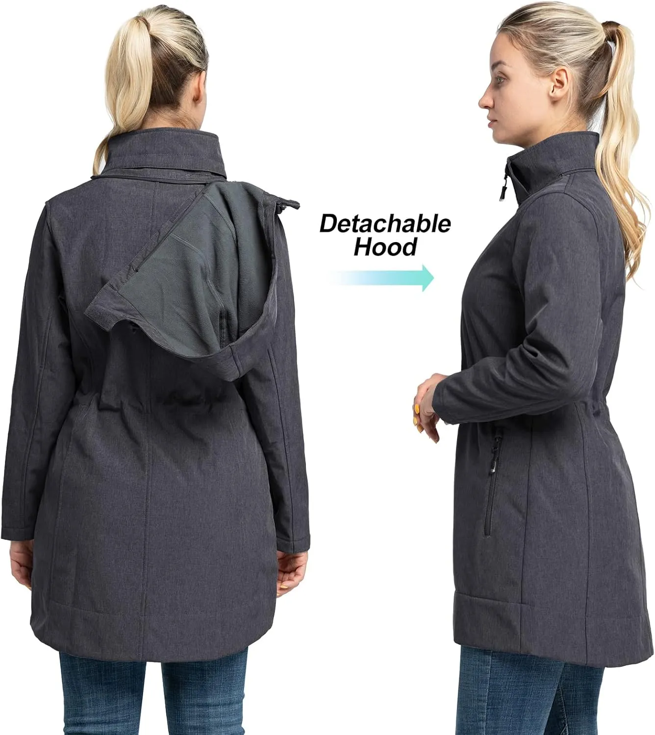 33,000ft Women's Waterproof Softshell Long Rain Jacket with Hood Fleece Lined Windproof Windbreaker