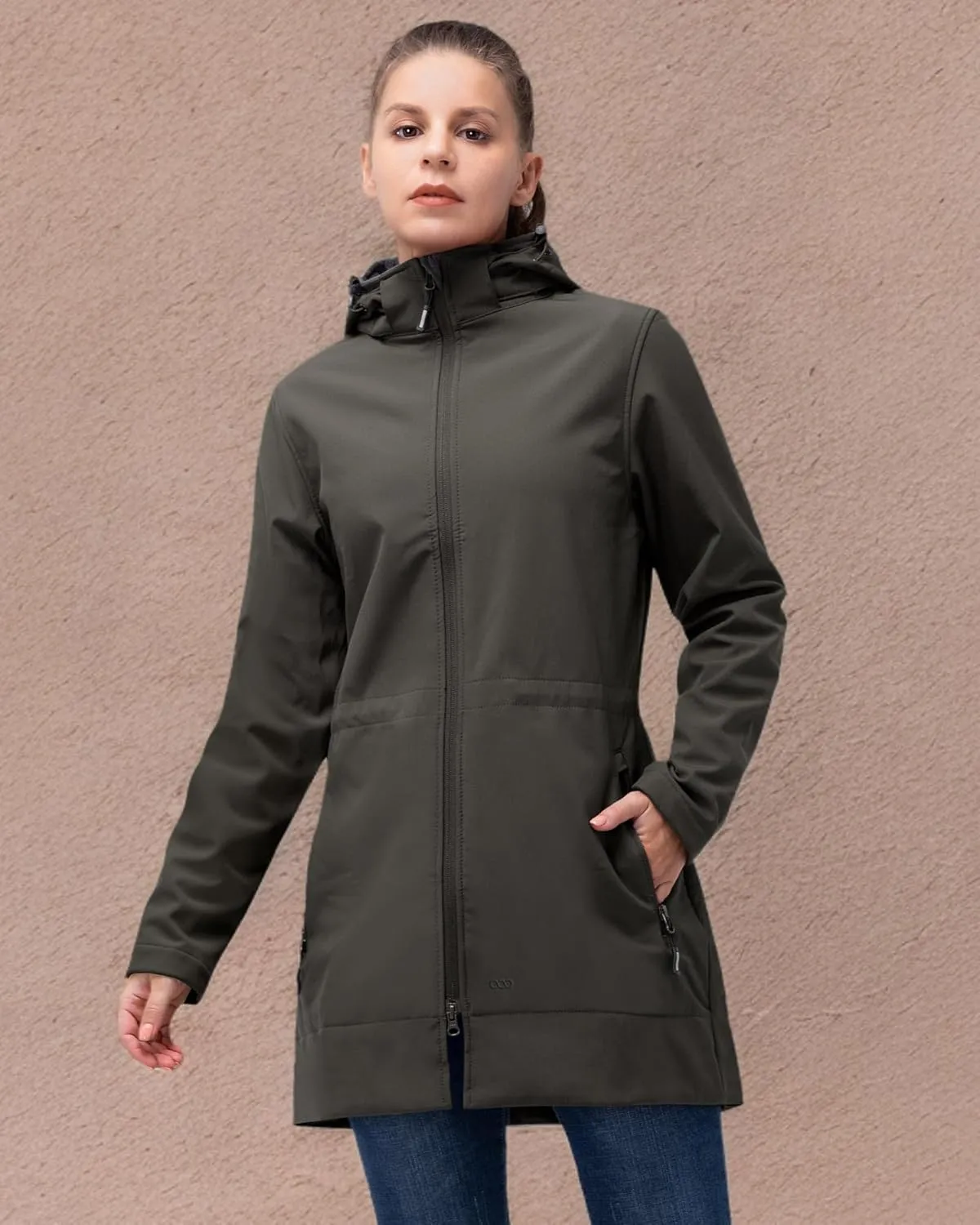 33,000ft Women's Waterproof Softshell Long Rain Jacket with Hood Fleece Lined Windproof Windbreaker