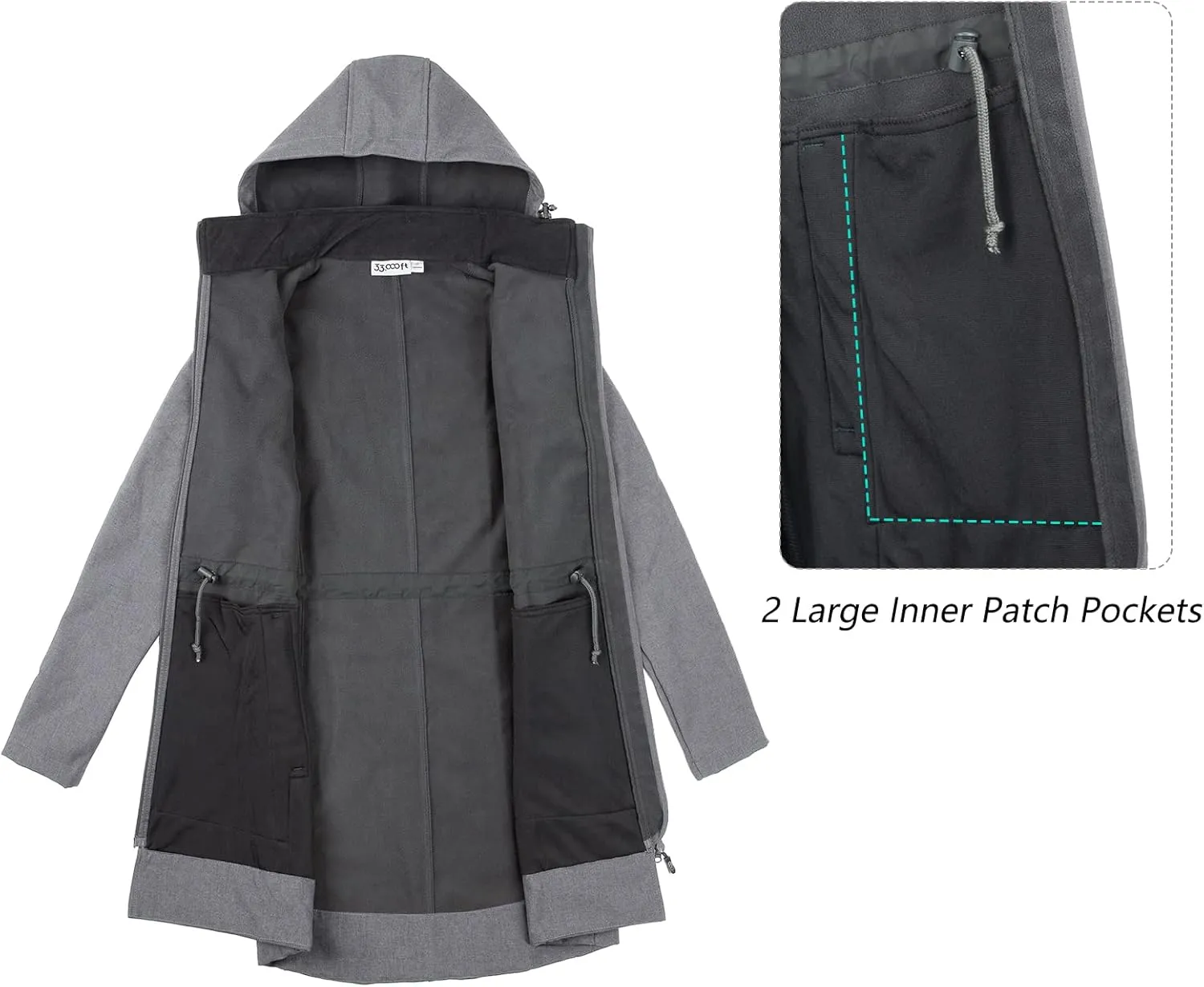 33,000ft Women's Waterproof Softshell Long Rain Jacket with Hood Fleece Lined Windproof Windbreaker