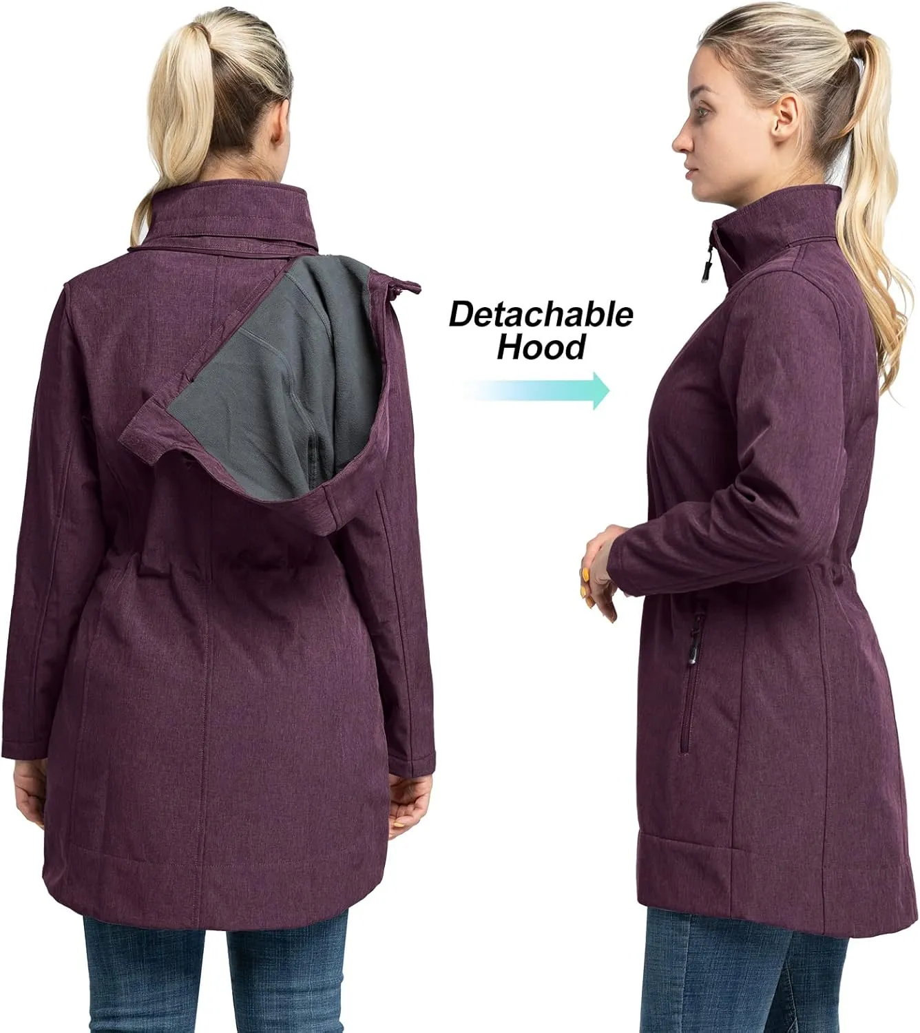 33,000ft Women's Waterproof Softshell Long Rain Jacket with Hood Fleece Lined Windproof Windbreaker