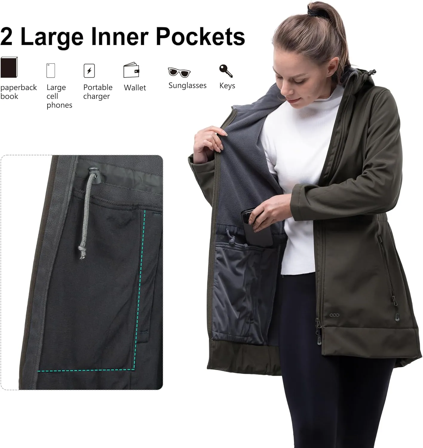 33,000ft Women's Waterproof Softshell Long Rain Jacket with Hood Fleece Lined Windproof Windbreaker