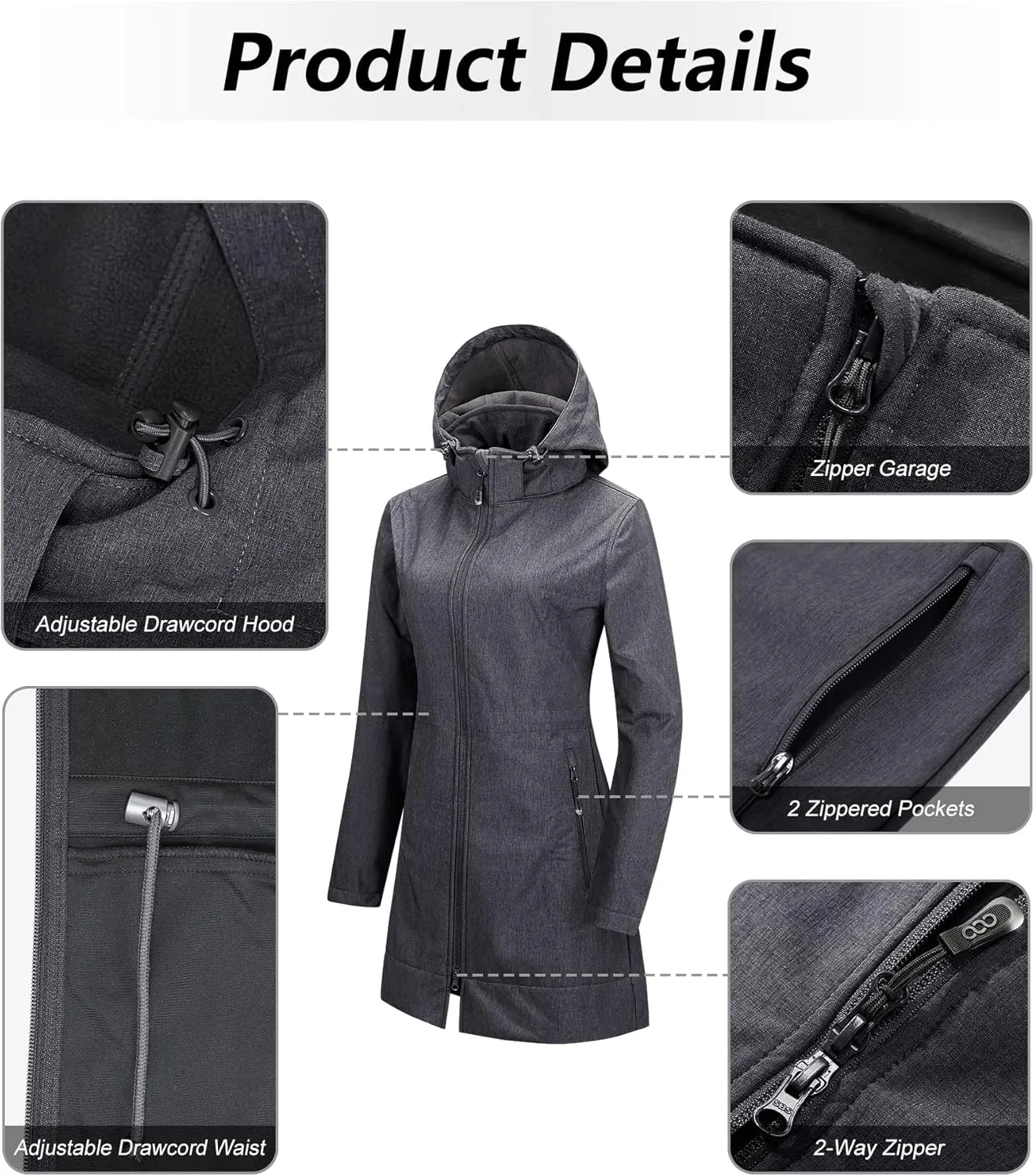 33,000ft Women's Waterproof Softshell Long Rain Jacket with Hood Fleece Lined Windproof Windbreaker
