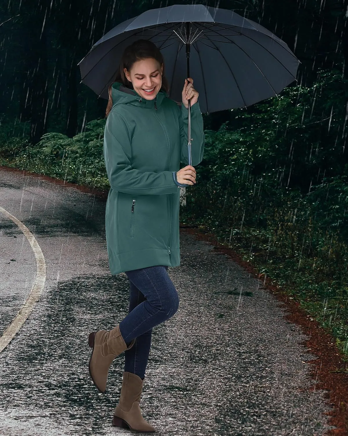 33,000ft Women's Waterproof Softshell Long Rain Jacket with Hood Fleece Lined Windproof Windbreaker