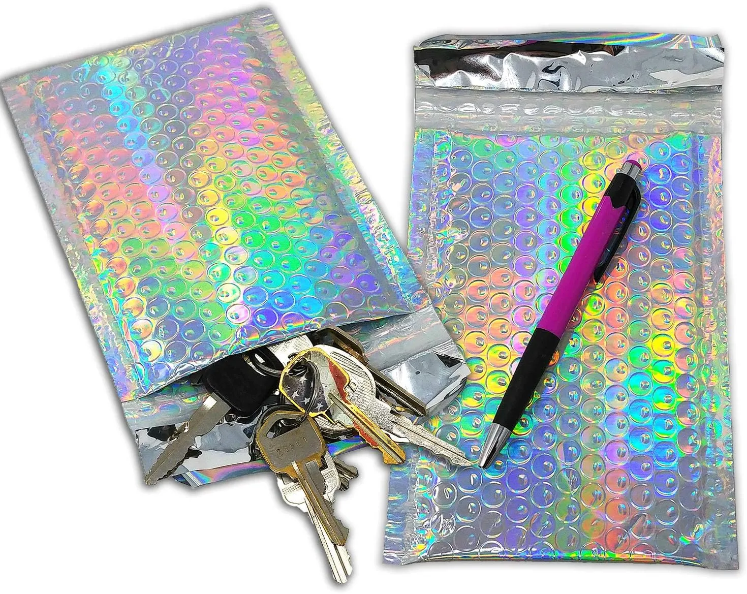 4X8 Holographic Bubble Mailers, Reflective Water Resistant Metallic Padded Shipping Mailing Envelope Bags W/Kissy Stickers (40)