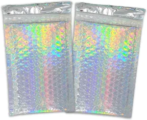 4X8 Holographic Bubble Mailers, Reflective Water Resistant Metallic Padded Shipping Mailing Envelope Bags W/Kissy Stickers (40)