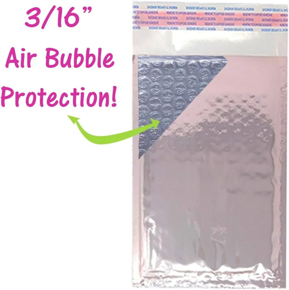 4x8 Teal, Silver Rose Gold, Gold Metallic Padded Bubble Mailers, Shipping Envelopes Shiny Vibrant Self Sealing Mail Bags, 4 x 7 Internal usable Space W/Aurora Stickers (Rose Gold, 70)