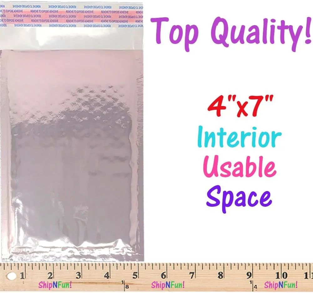 4x8 Teal, Silver Rose Gold, Gold Metallic Padded Bubble Mailers, Shipping Envelopes Shiny Vibrant Self Sealing Mail Bags, 4 x 7 Internal usable Space W/Aurora Stickers (Rose Gold, 70)
