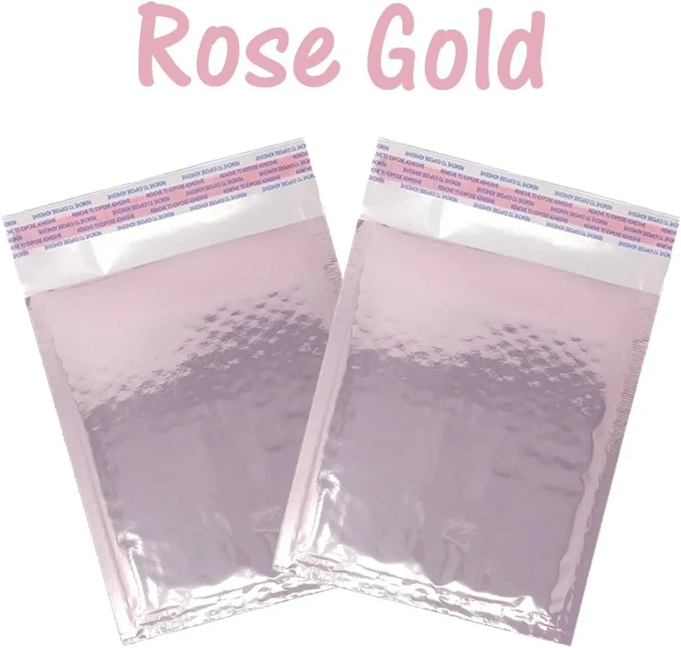 4x8 Teal, Silver Rose Gold, Gold Metallic Padded Bubble Mailers, Shipping Envelopes Shiny Vibrant Self Sealing Mail Bags, 4 x 7 Internal usable Space W/Aurora Stickers (Rose Gold, 70)