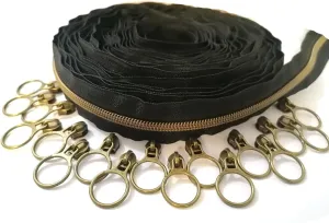 #5 Antique Brass Metallic Nylon Coil Zippers by The Yard Bulk Black Tape 10 Yards with 20pcs Sliders for DIY Sewing Tailor Craft Bag (Anti-Brass Black)