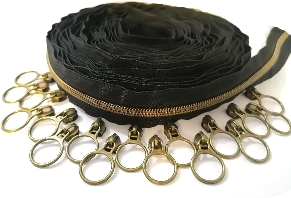 #5 Antique Brass Metallic Nylon Coil Zippers by The Yard Bulk Black Tape 10 Yards with 20pcs Sliders for DIY Sewing Tailor Craft Bag (Anti-Brass Black)