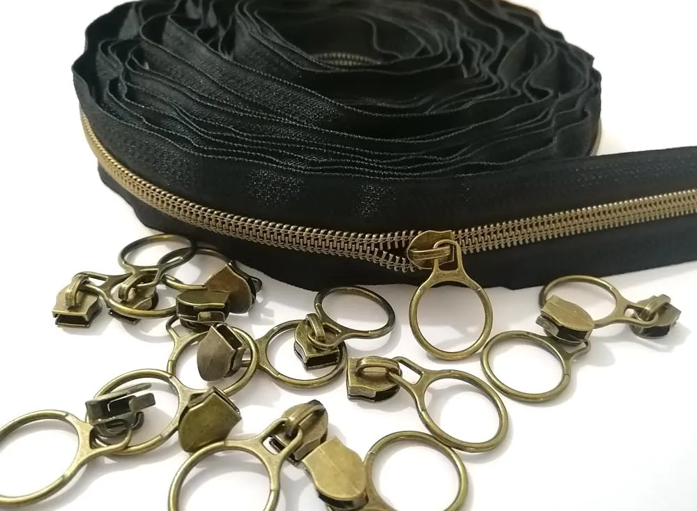 #5 Antique Brass Metallic Nylon Coil Zippers by The Yard Bulk Black Tape 10 Yards with 20pcs Sliders for DIY Sewing Tailor Craft Bag (Anti-Brass Black)