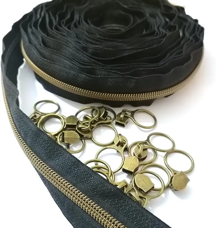 #5 Antique Brass Metallic Nylon Coil Zippers by The Yard Bulk Black Tape 10 Yards with 20pcs Sliders for DIY Sewing Tailor Craft Bag (Anti-Brass Black)