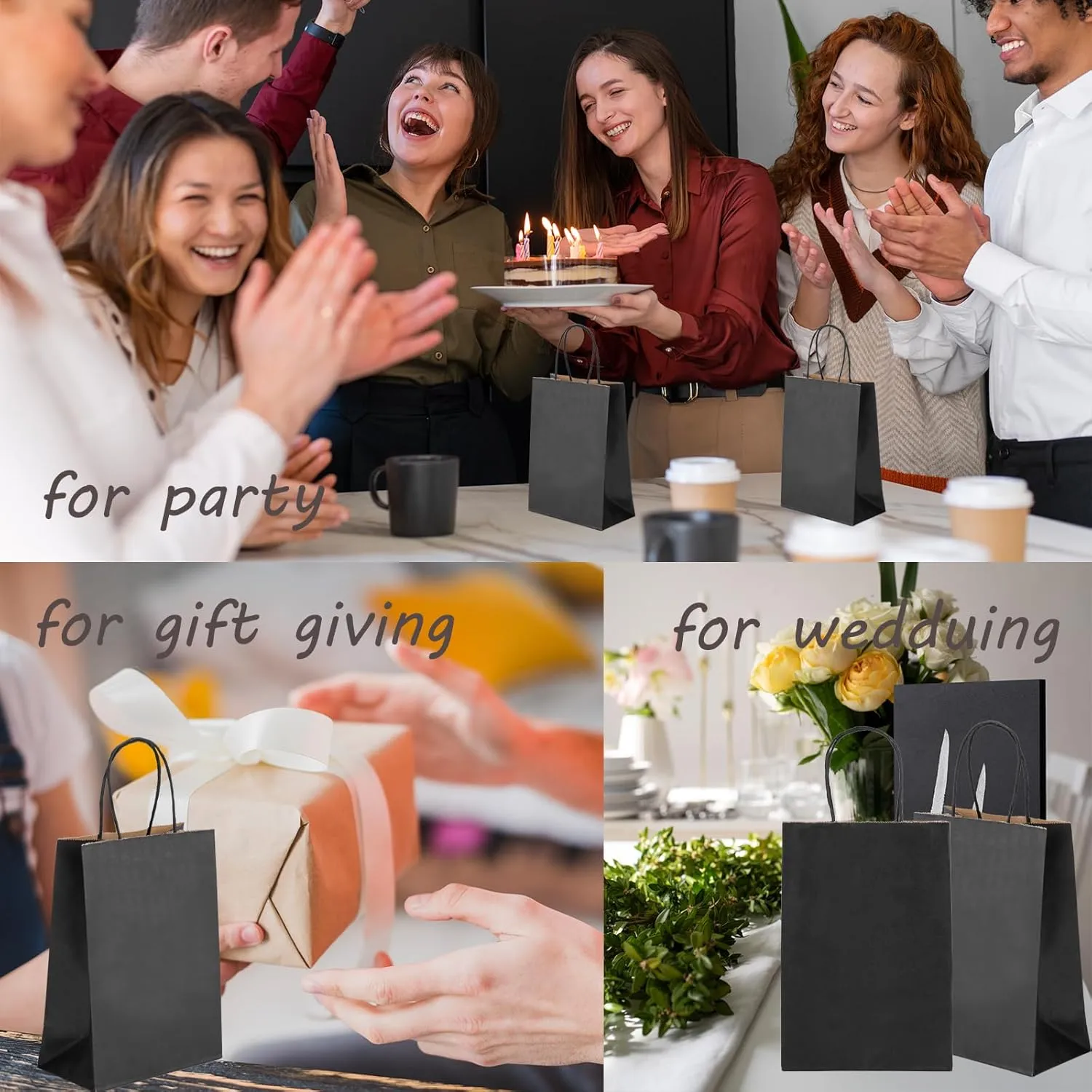 50 Pcs Gift Bags Small 5.25x3.25x8’’ Black Paper Bags With Handles Recycled Kraft Bag For Shopping, Business, Birthday, Party, Wedding, Retail, Easter, Mother's Day, Graduation
